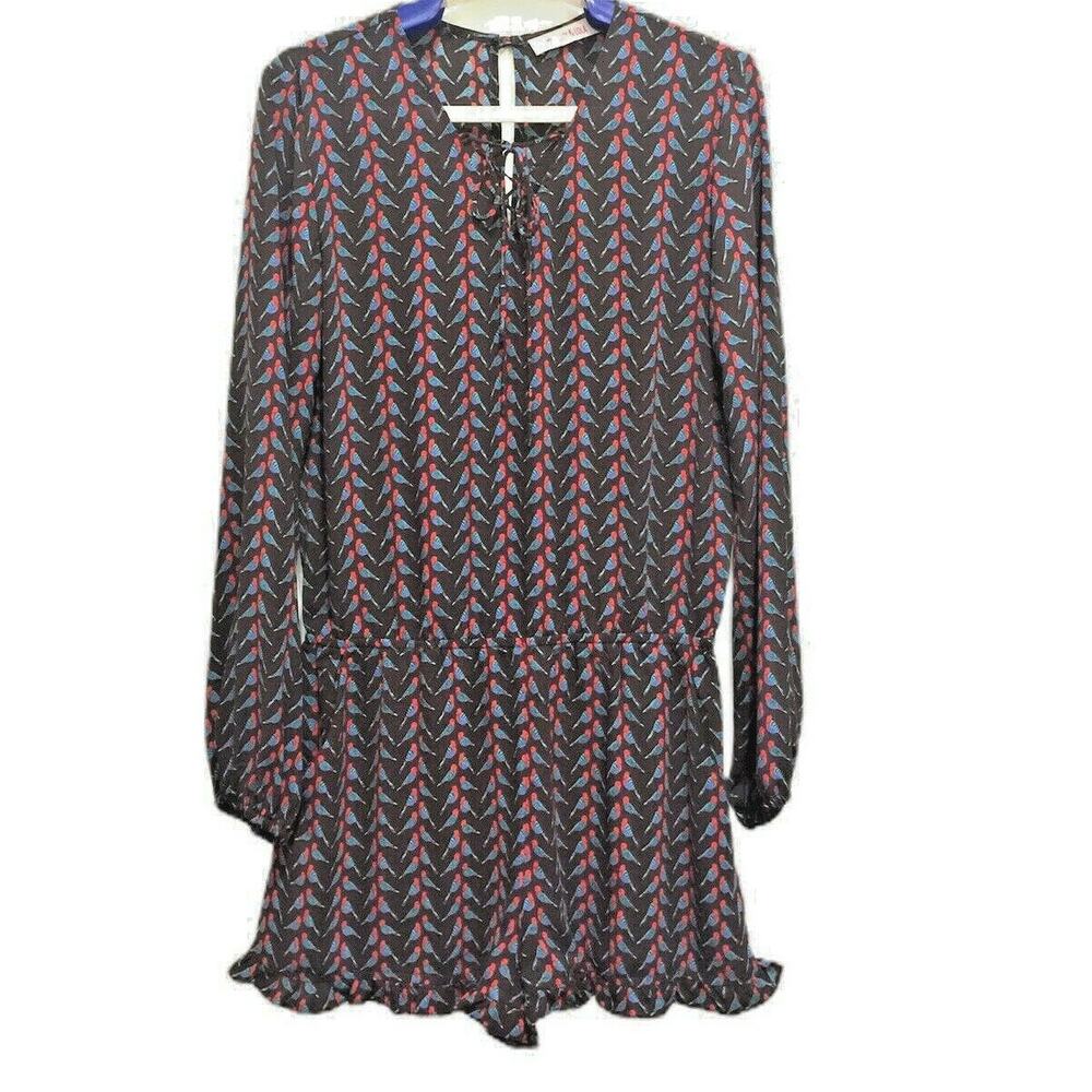 Izzy & Lola Bird Print Brown Romper Shorts Long Sleeves Ruffled Legs Size Small